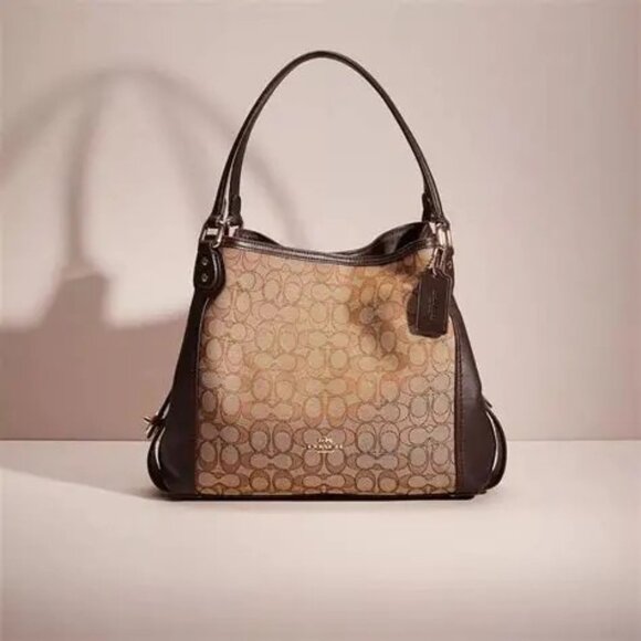 Euc Coach Edie Signature Jacquard Tan & Brown Shoulder Bag - Picture 1 of 14